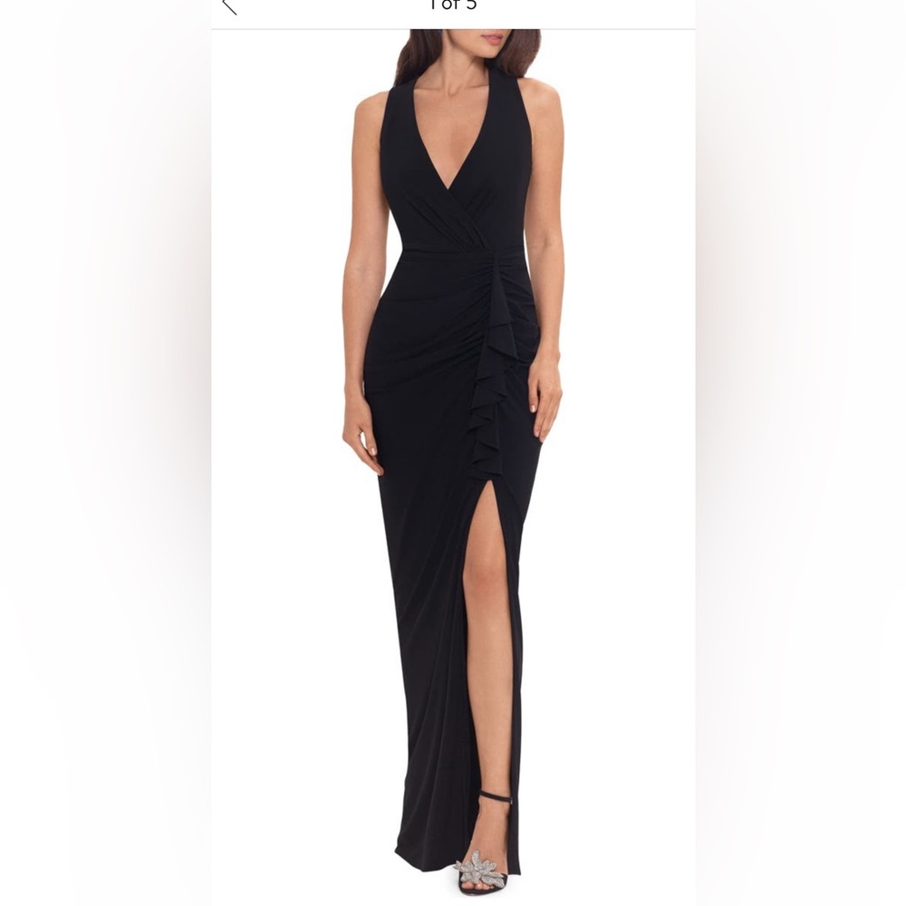 Betsy and Adam Ruched Ruffle Column Gown